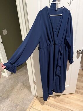Women's Navy Wrap Maxi Dress with long sleeves and belt